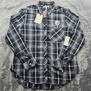 NEW Pittsburgh Steelers Shirt L Blue Womens Plaid Cotton Rayon Button Up Flannel